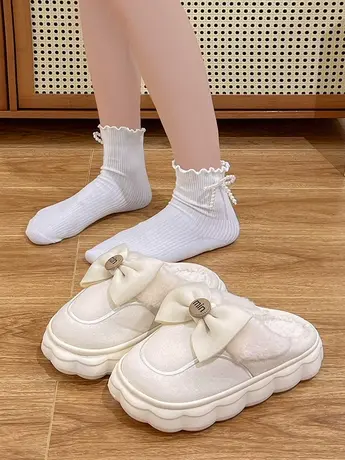 可爱蝴蝶结棉拖鞋女冬2023新款室内家居厚底防滑毛绒保暖月子棉拖商品大图