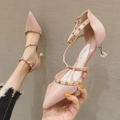 性感高跟鞋女细跟新款百搭铆钉设计感小众气质尖头单鞋2023年春季图片