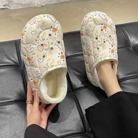 洞洞棉拖鞋女冬季可爱涂鸦室内居家加绒保暖防滑厚底包跟棉鞋外穿商品大图