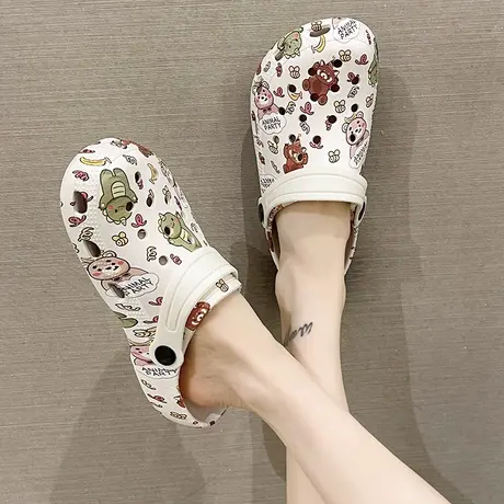 夏季学生外穿踩屎感卡通可爱印花洞洞鞋女厚底两穿防滑包头凉拖鞋图片