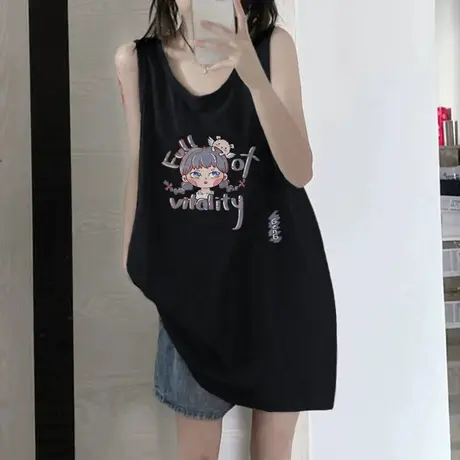 纯棉吊带坎肩背心无袖t恤女夏季设计感小众外穿宽松港风挂脖上衣商品大图