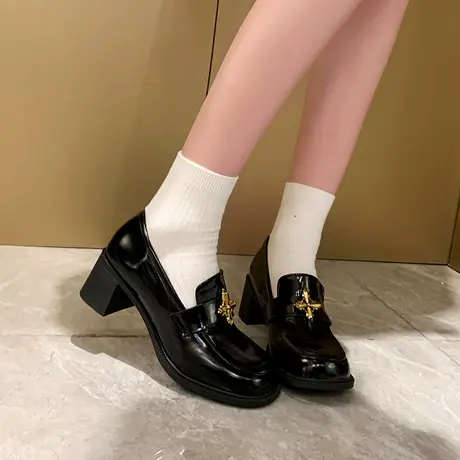 高跟鞋女2024年新款黑色一脚蹬小皮鞋漆皮粗跟高级感乐福职业单鞋商品大图