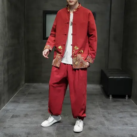唐装棉麻套装中国风男装青年刺绣汉服复古夹克禅服新中式民族服装图片