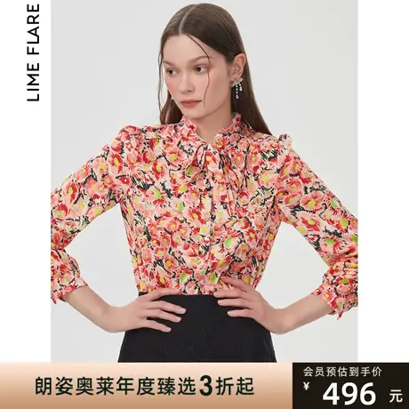 莱茵商场同款2023春季新款桃粉色印花雪纺衬衫泡泡袖宽松系带上衣图片