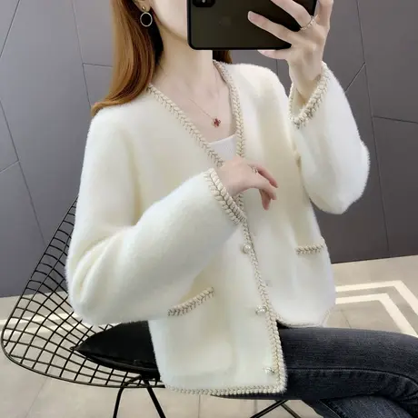 仿水貂绒针织开衫2023秋冬新款拼色短款外套小香风气质毛衣女外搭商品大图