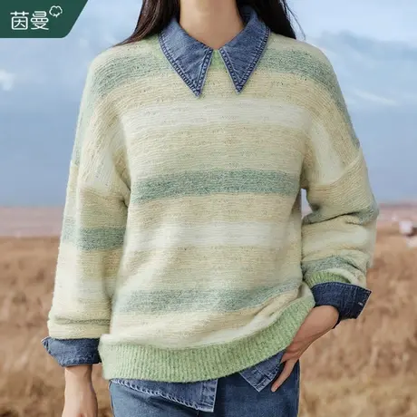 茵曼旗舰店条纹针织毛衣女2023冬季新款圆领套头宽松打底软糯上衣商品大图