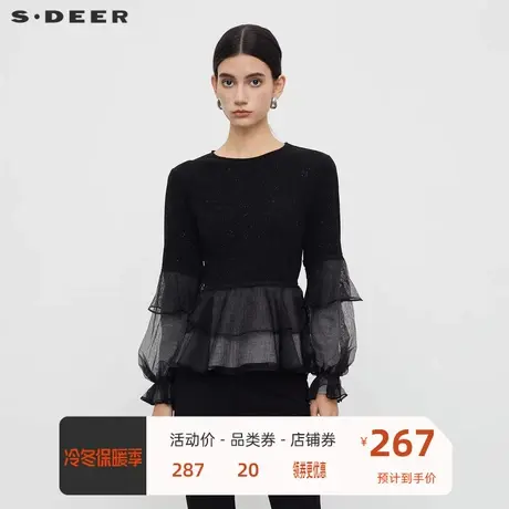 sdeer圣迪奥女装圆领荷叶边网纱拼接长袖T恤S233Z0204⏬图片