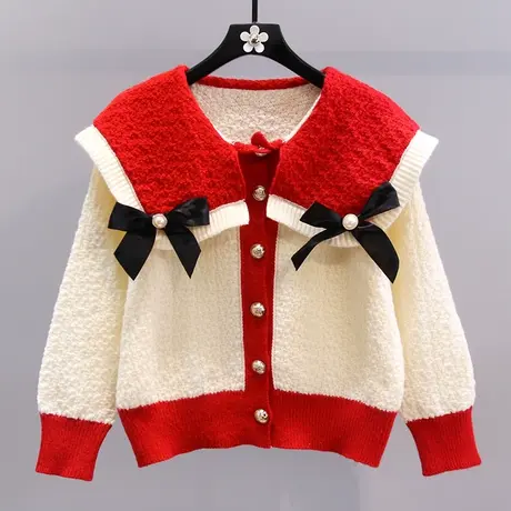日系蝴蝶结娃娃领毛衣外套女秋冬2023年新款宽松洋气减龄针织开衫商品大图