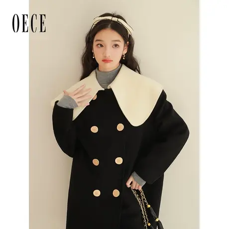 Oece高级感双面羊毛呢大衣2022冬季新款女装复古设计感中长款外套图片
