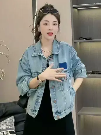 韩系蓝色阴影牛仔外套女2023年秋季新款外穿百搭宽松撞色上衣潮款商品大图