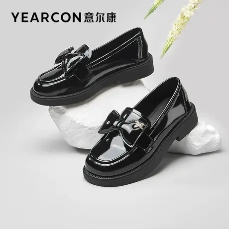 意尔康女鞋2023春季新款漆皮乐福鞋女英伦风蝴蝶结jk鞋厚底小皮鞋商品大图