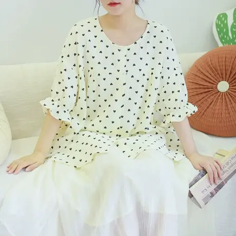 胖妹妹夏季2023新品娃娃衫宽松上衣大码微胖棉质爱心印花圆领衬衫商品大图