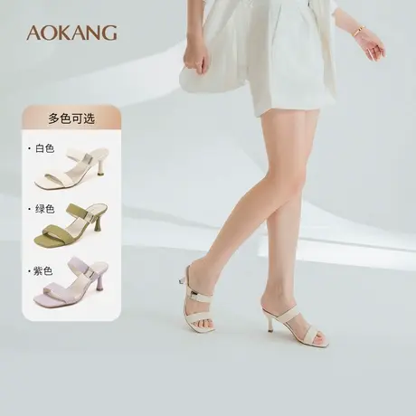 奥康女鞋夏季新款方头小众设计感双带露趾细跟女士通勤高跟凉拖鞋图片