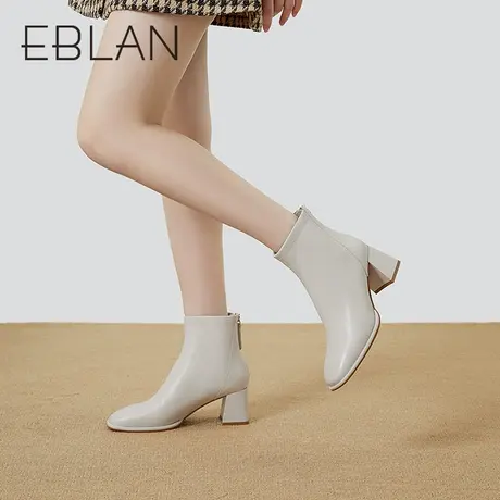 EBLAN伊伴女鞋2022秋冬百搭时装靴方头通勤皮靴短筒靴加绒皮靴女图片