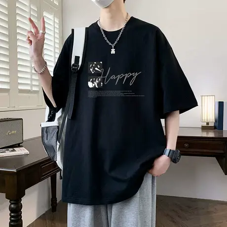 纯棉短袖男夏季2025新款半袖男黑色上衣青少年五分落肩袖宽松T恤商品大图