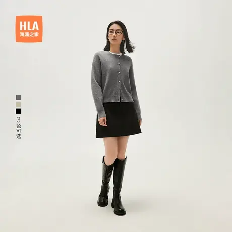 HLA/海澜之家微弹黑色针织开衫秋季新款通勤直筒保暖圆领上衣女装商品大图