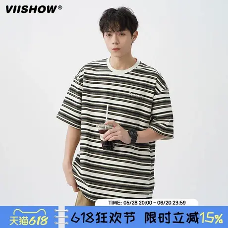 VIISHOW条纹t恤男2025夏季美式潮牌圆领半袖宽松休闲港风情侣短袖商品大图