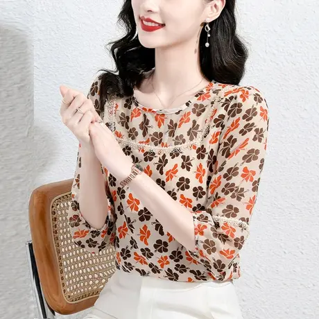 大码遮肚子洋气碎花雪纺衫女夏季2023年新款宽松显时尚减龄小衫女图片