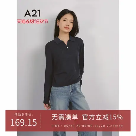 A21女装半开翻领毛针织衫2025春季新款简约韩版短款套头长袖上衣商品大图