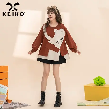 keiko设计感萌猫贴花泡泡袖卫衣2023秋季艺术生奶甜宽松外套上衣图片