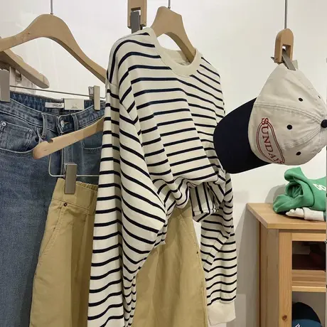 日杂风 毛圈料藏蓝条纹卫衣女2023春秋薄款宽松圆领套头百搭上衣图片