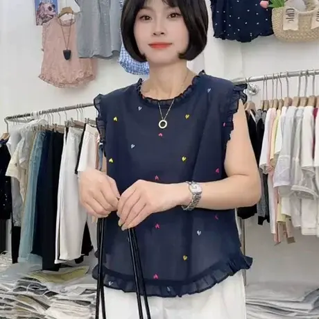 韩系木耳边无袖衬衫背心女2025夏季新款显瘦减龄爱心刺绣小衫上衣商品大图