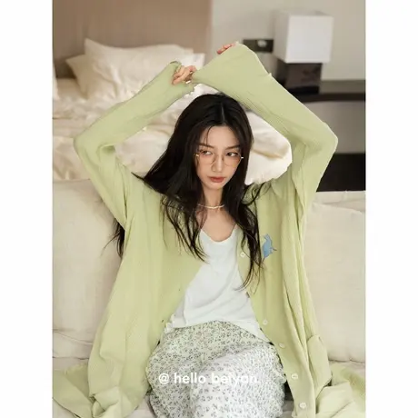 贝妍新款睡衣女士春秋季小清新V领长袖开衫外套中长款柔软棉睡裙商品大图