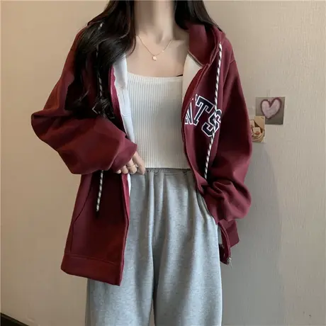 美式复古开衫拉链薄款卫衣女春秋学生宽松学院风长袖带帽上衣外套商品大图