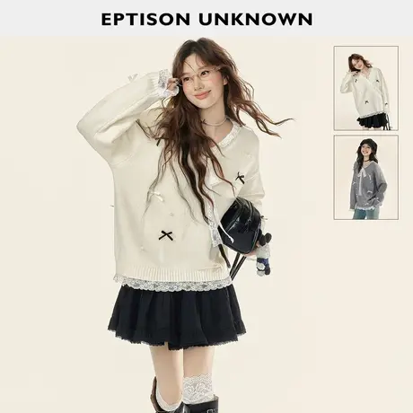 EPTISON毛衣女2025冬新款软糯V领蕾丝拼接甜美蝴蝶结慵懒针织上衣商品大图