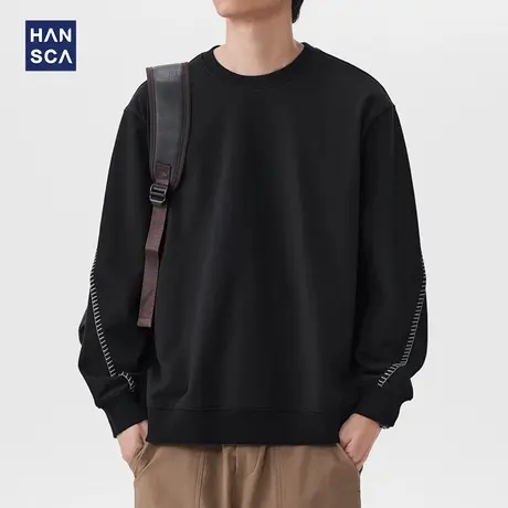 hansca秋季辑明线休闲宽松卫衣男士2025新款宽松简约百搭黑色上衣商品大图