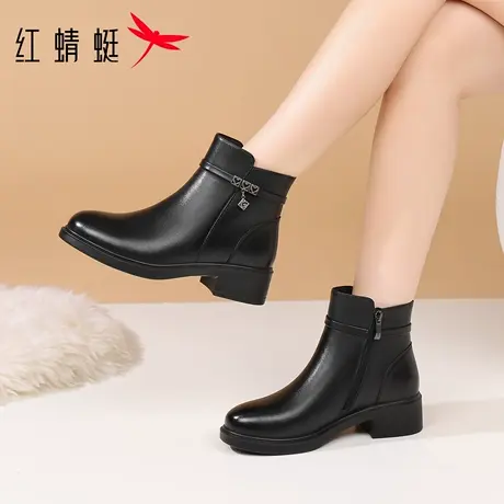 红蜻蜓冬季女鞋女士靴子女短靴真皮加绒加厚高帮皮靴妈妈棉靴保暖图片