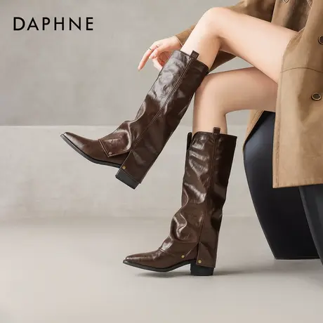 达芙妮棕色裤管靴女2026新款冬季加绒长靴美拉德骑士靴尖头堆堆靴图片