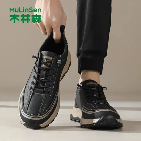 木林森男鞋皮面老爹鞋2026春季新款潮流复古休闲鞋厚底百搭运动鞋商品大图