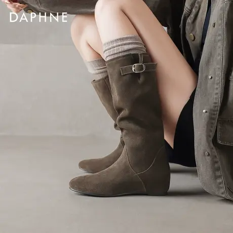 达芙妮棕色靴子高筒靴女2025新款秋季美拉德内增高平底长筒骑士靴商品大图