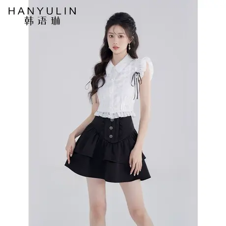 韩语琳白色格子飞飞袖上衣设计感小众女2023新夏季系带木耳边衬衫图片