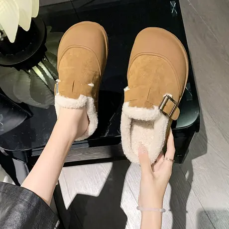 勃肯鞋冬季加绒毛拖鞋女2023新款平底棉拖包头半拖鞋女外穿毛毛鞋商品大图
