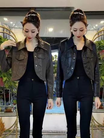 短款皮衣外套女2023秋季新款气质显瘦小个子复古机车皮夹克上衣潮商品大图