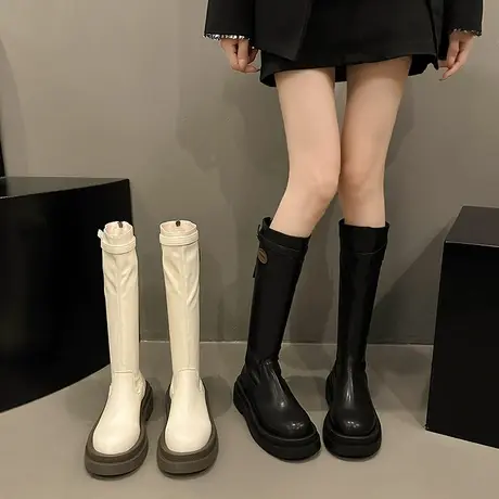 永希长筒靴女2023年春秋季新款法式复古洋气瘦瘦靴粗跟厚底骑士靴图片