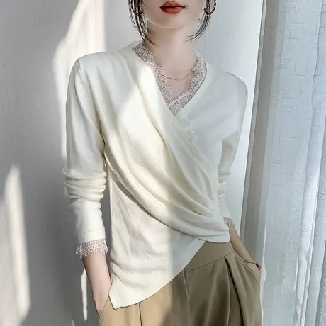 针织衫女2023秋冬新款蕾丝交叉V领不规则褶皱上衣修身长袖打底衫商品大图