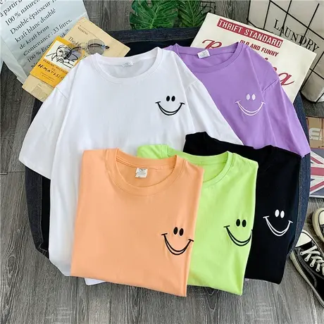 2023年早春夏季情侣女装上衣服大码网红刺绣笑脸ins宽松短袖t恤潮图片