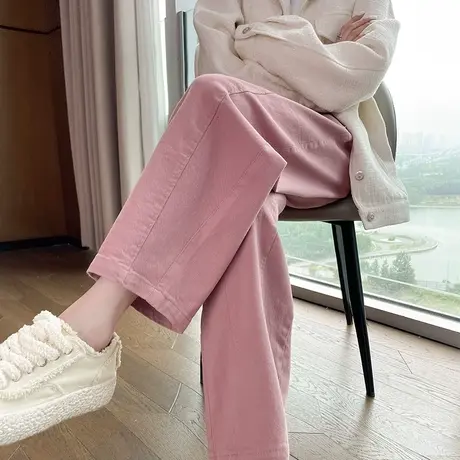 粉色哈伦裤女春秋新款松紧腰显瘦直筒休闲小个子九分萝卜灯笼裤子图片