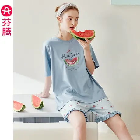 芬腾睡衣女夏季纯棉短袖薄款套装可爱甜美少女休闲宽松全棉家居服商品大图