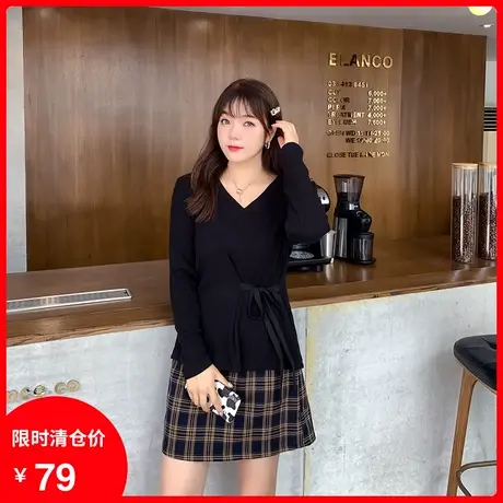 【清仓】装新品大码V领不规则设计感显瘦绑带收腰胖MM针织女上衣商品大图