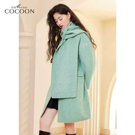 MISSCOCOON可脱卸围巾式毛呢外套女2022新款冬季宽松双面羊毛大衣图片
