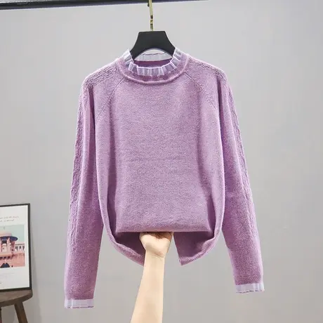 2023春秋女设计感女小众纯色蕾丝领长袖针织衫打底衫上衣内搭毛衣商品大图