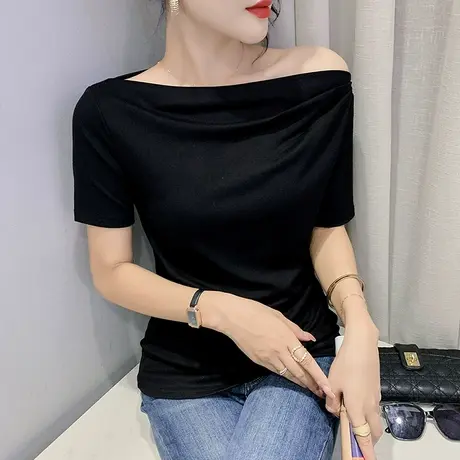 性感露肩短袖女夏季新款一字领T恤2023流行设计感上衣百搭半袖ins商品大图