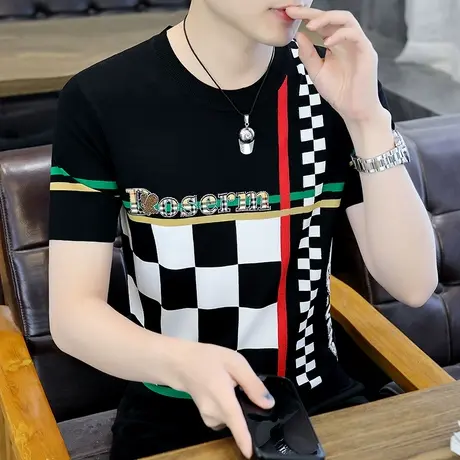 男装2023夏季新款个性格子提花短袖t恤男青年冰丝针织体恤衫上衣商品大图