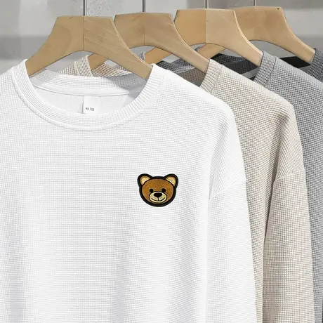 华夫格白色卫衣男宽松潮流百搭春秋款小熊圆领长袖t恤无帽上衣服商品大图