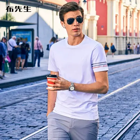 MrBu布先生时尚星型刺绣男士t恤彩条印花吸汗短袖青年装AT10893商品大图