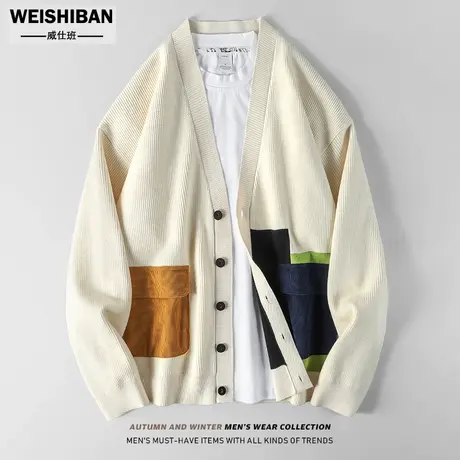 美式设计感拼接针织毛衣外套男春秋潮牌百搭慵懒风廓形开衫毛线衣商品大图